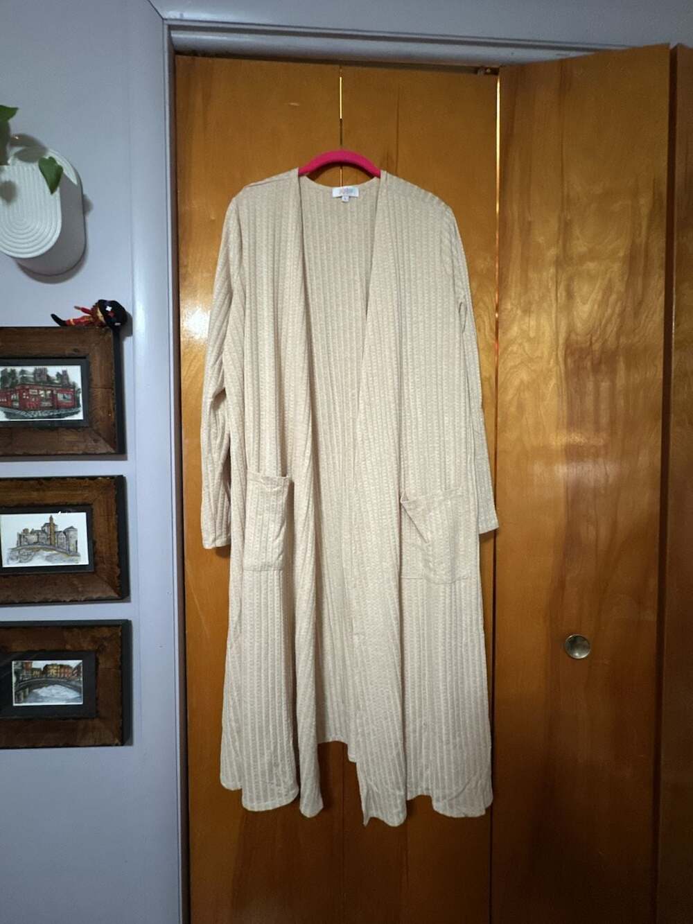 LuLaRoe Sarah Duster Cardigan Size L Beige Open Front Long Sweater